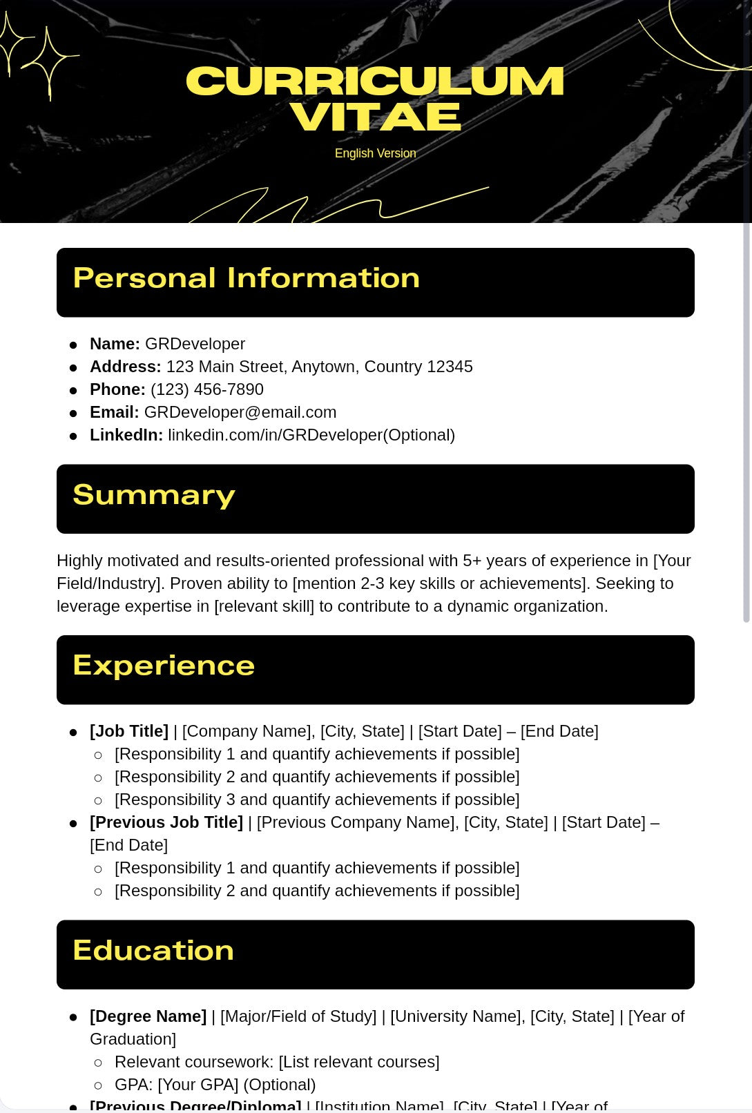 Digital English Curriculum Vitae / 4 Variants