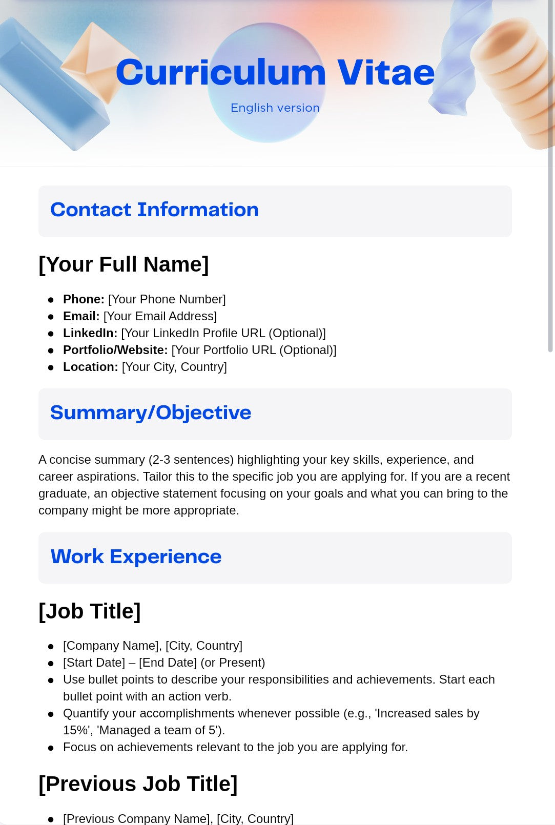 Digital English Curriculum Vitae / 4 Variants